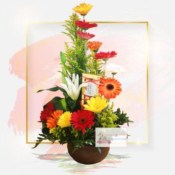 Arreglos florales con gerberas y chocolates