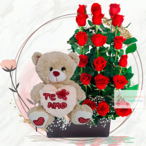 Arreglo floral de rosas con peluche